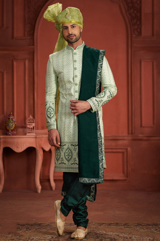 Incredible Embroidered Work On Silk Fabric Sea Green Color Readymade Sherwani