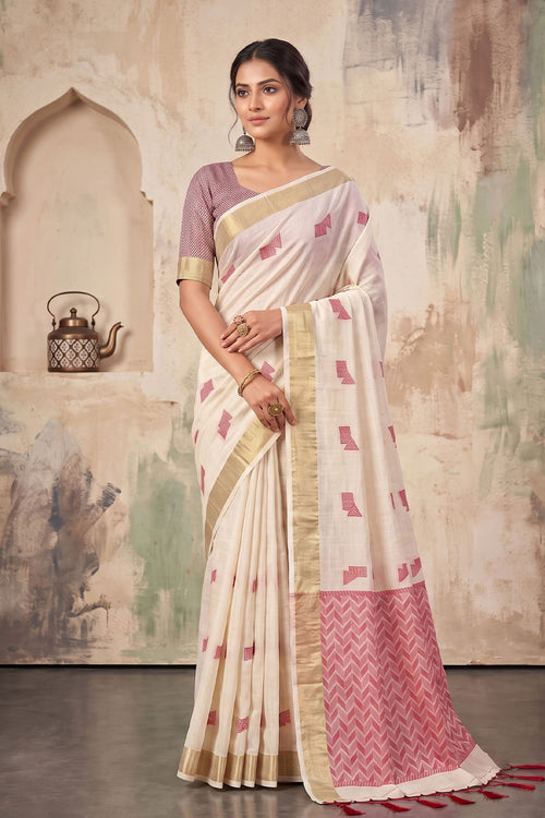 Border Work Linen Fabric Festive Saree In Cream Color