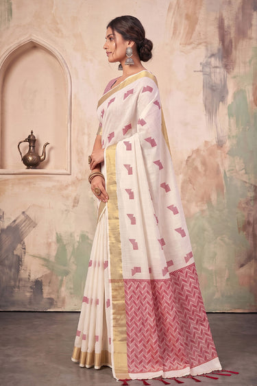 White Color Border Work Linen Fabric Casual Saree