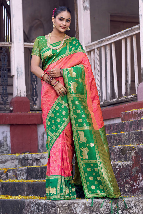 Amazing Weaving Work On Peach Color Silk Fabric Saree