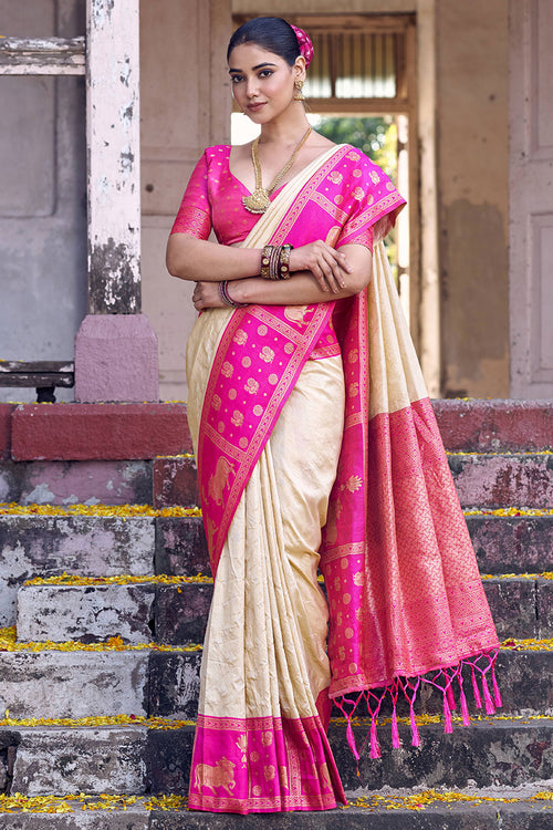 Festive Style Weaving Work On Cream Color Silk Fabric Saree