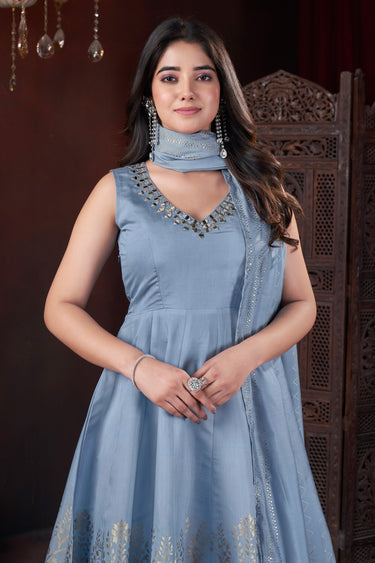 Sky Blue Color Art Silk Foil Print Readymade Palazzo Suit