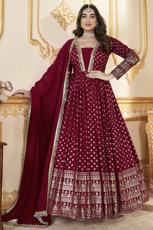 Red Color Foil Printed Readymade Gown With Dupatta