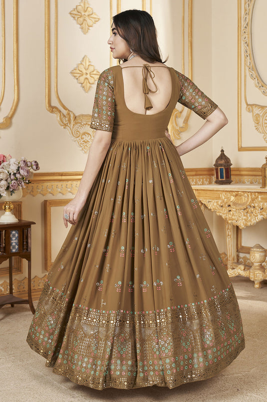 Foil Printed Mustard Color Readymade Gown With Dupatta