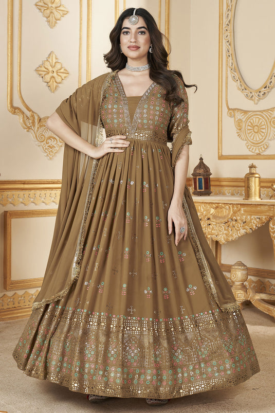 Foil Printed Mustard Color Readymade Gown With Dupatta