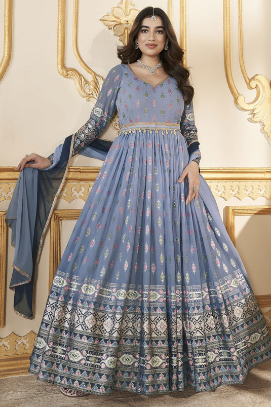 Grey Color Georgette Fabric Foil Printed Function Wear Fashionable Readymade Gown With Dupatta