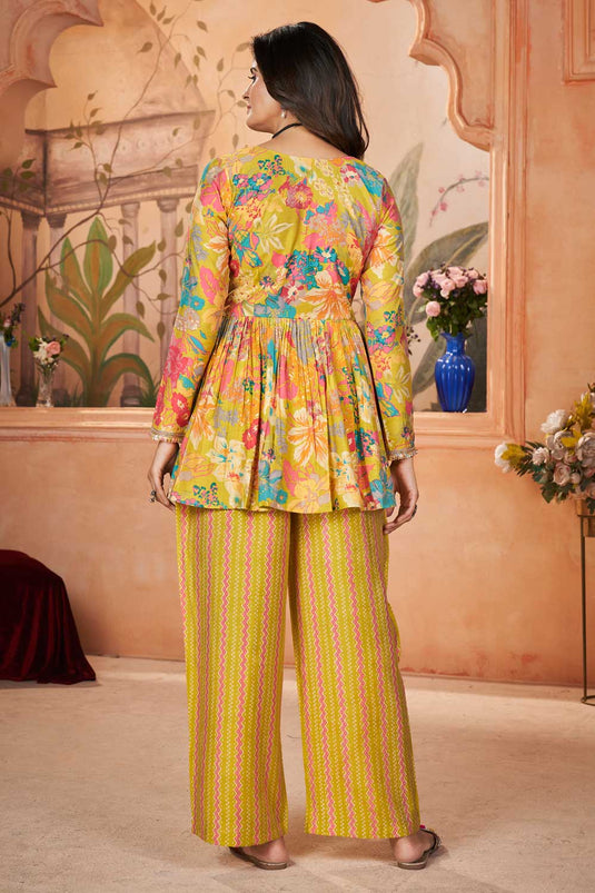 Fashionable Yellow Color Readymade Art Silk Palazzo Suit