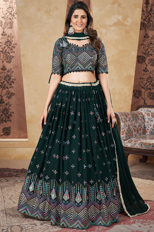 Heavy Georgette Fabric Fancy Work On Green Color Readymade Lehenga