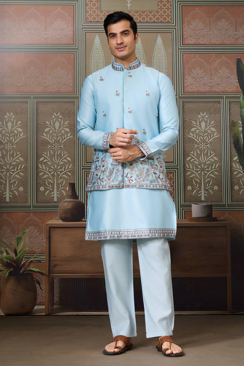 Pretty Sky Blue Art Silk Readymade Kurta Pyjama For Men With 3 Pcs Jacket Set