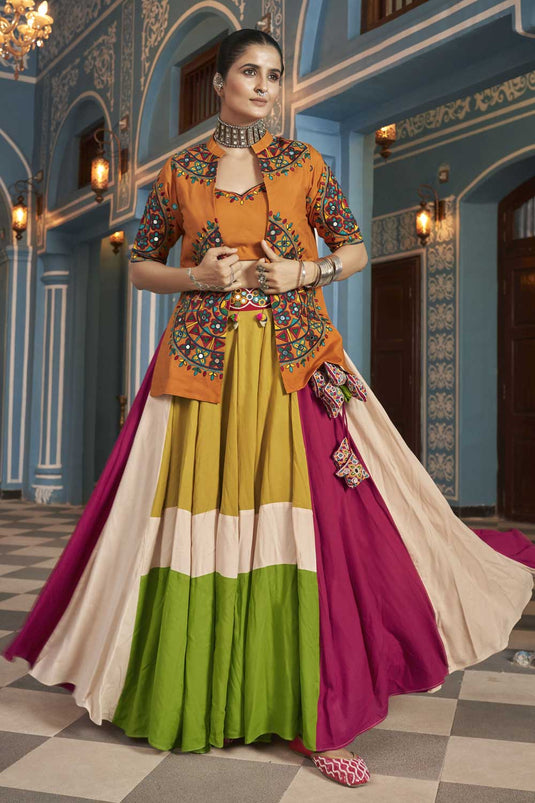 Captivating Multi Color Viscose Rayon Fabric Lehenga Choli With Jacket