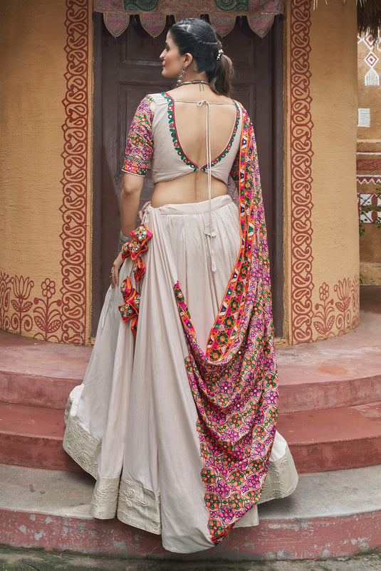 Beige Color Festive Wear Designer Embroidery Work Viscose Rayon Fabric Readymade Lehenga Choli