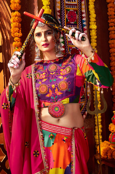 Printed Mirror Work Multi Color Muslin Lehenga For Navratri Celebrations