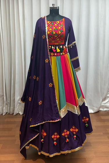 Purple Viscose Cotton Embroidered Mirror Work Readymade Lehenga For Navratri Celebrations