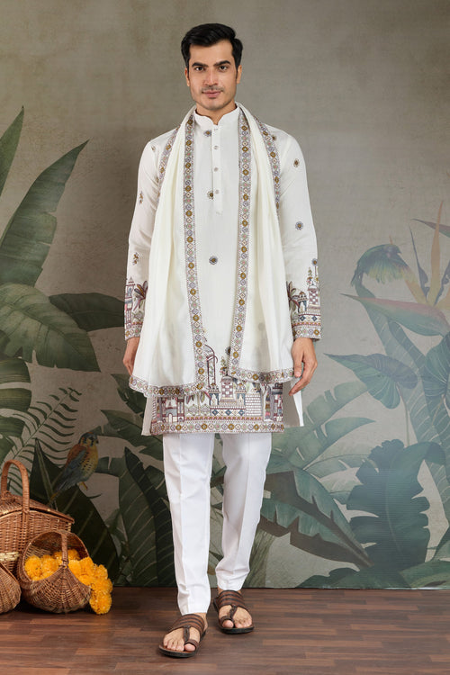 Viscose Silk White Sequins Embroidery Readymade Designer Men Kurta With Dupatta