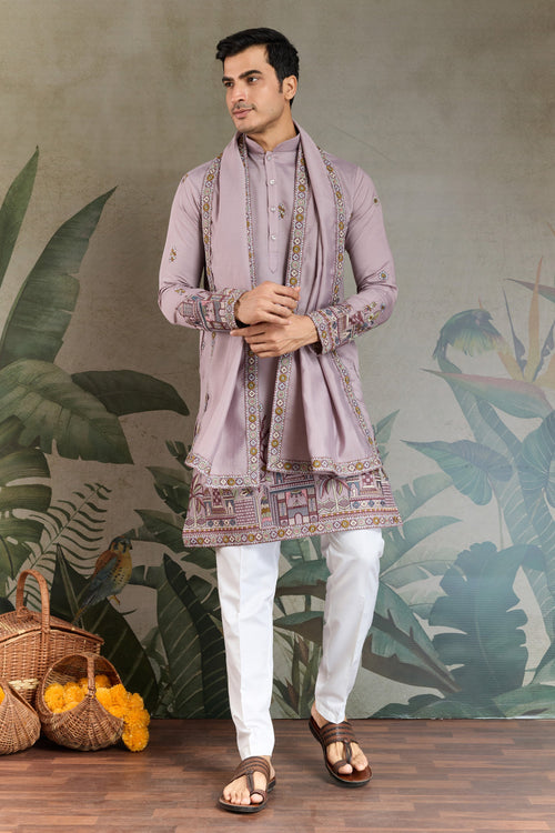 Viscose Silk Pink Embroidery Work Readymade Designer Men Kurta With Dupatta