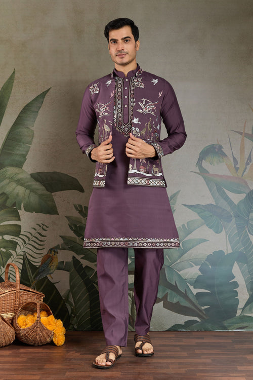 Viscose Silk Purple Sangeet Wear Readymade Men Stylish Kurta Pyjama With Jacket set