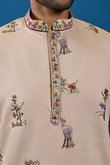 Pretty Viscose Silk Sangeet Wear Readymade Men Kurta In Beige Color