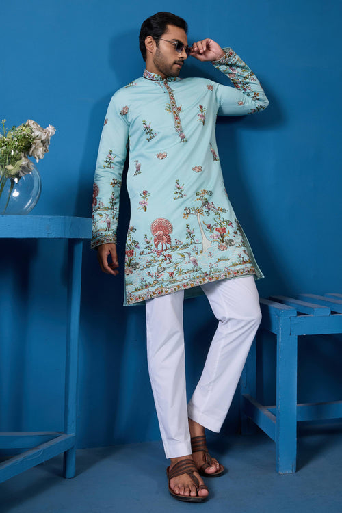 Sangeet Wear Attractive Readymade Men Kurta In Sky Blue Color