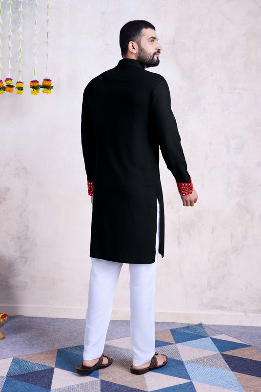 Festive Wear Readymade Kurta For Men In Black Rayon Fabric