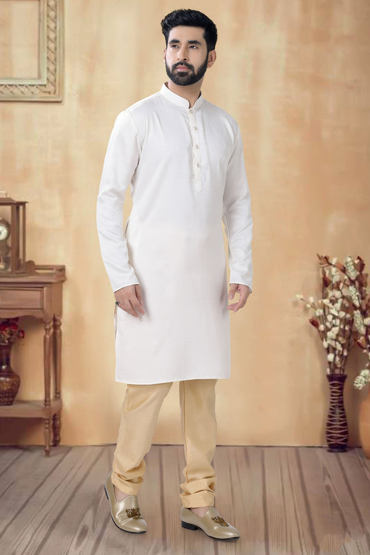 White Color Function Wear Readymade Glamorous Kurta Pyjama For Men In Cotton Fabric