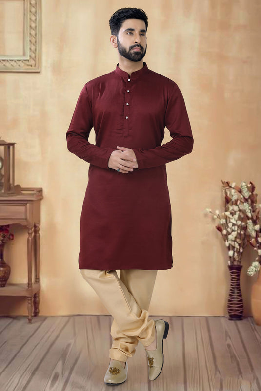 Cotton Maroon Magnificent Readymade Men Kurta Pyjama For Sangeet Wear