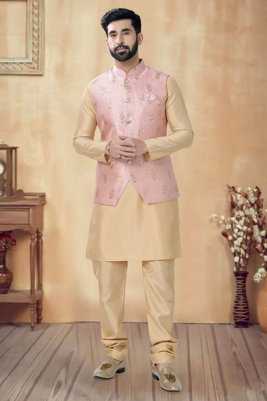 Fancy Cream Color Art Silk Fabric Function Wear Readymade Kurta Pyjama For Men With Modi Jacket Set