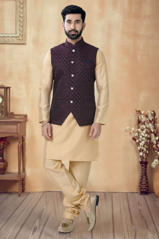 Art Silk Fabric Cream Color Festive Wear Readymade Men Stylish Kurta Pyjama With Nehru Jacket set