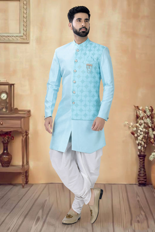 Silk Stunning Cyan Color Wedding Wear Readymade Men Indo Western