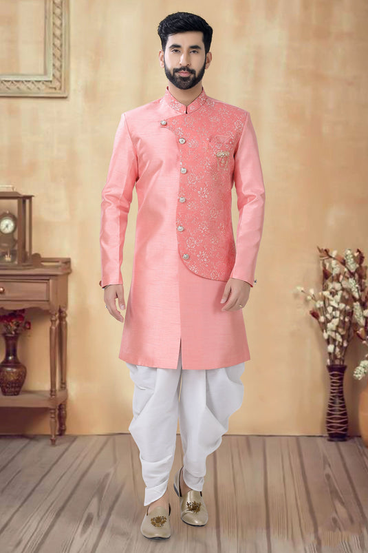 Silk Peach Festive Wear Readymade Lovely Indo Western For Men