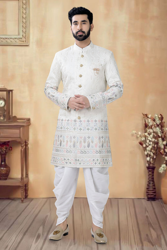 Silk Off White Wedding Wear Attractive Readymade Men Indo Western