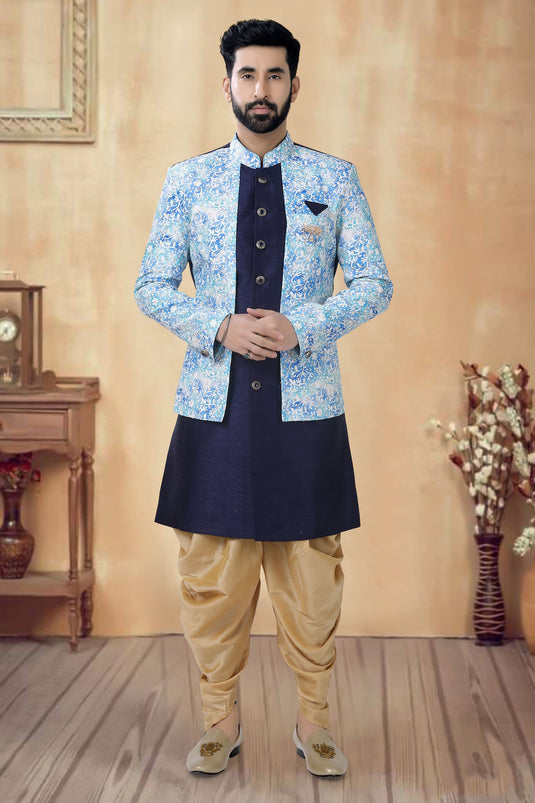 Silk Navy Blue Wedding Wear Readymade Glamorous Indo Western For Men