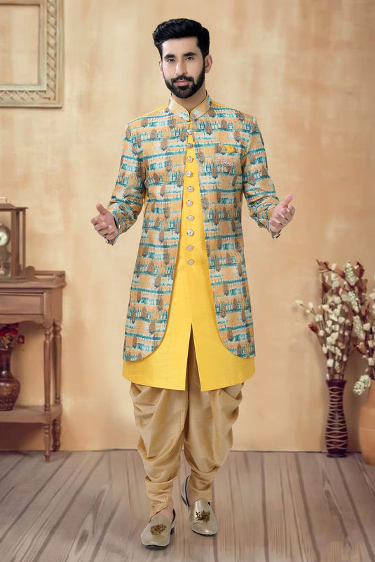 Yellow Color Wedding Wear Readymade Silk Fabric Indo Western For Men