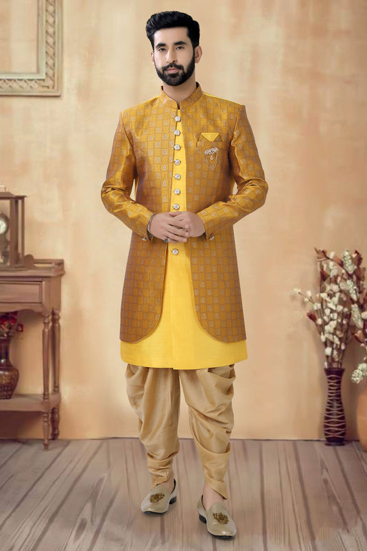 Silk Fabric Wedding Wear Readymade Yellow Color Indo Western For Men