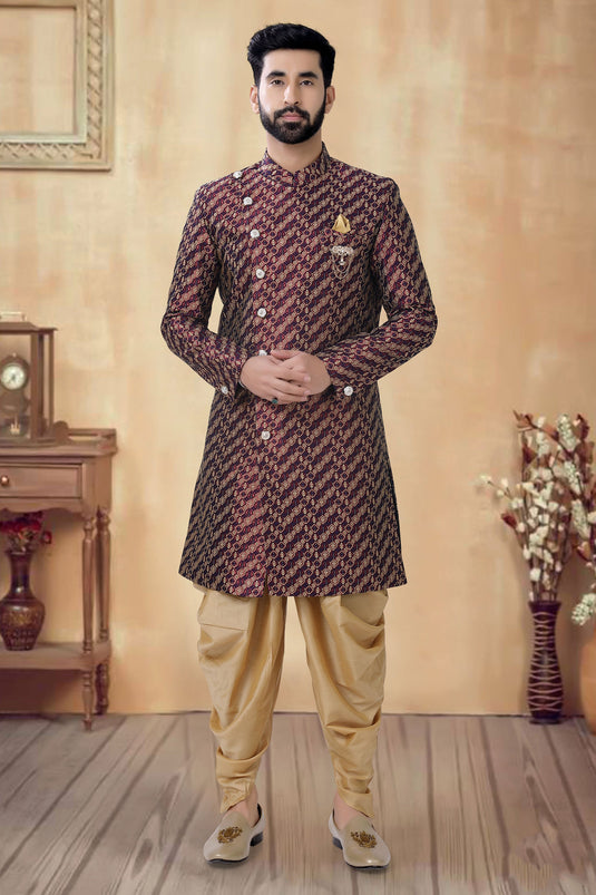 Maroon Color Engaging Jacquard Fabric Festive Wear Readymade Indo Western For Men