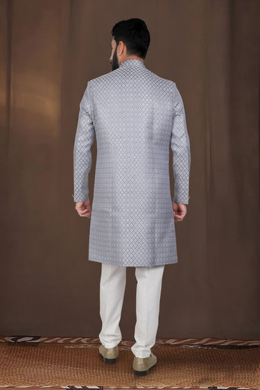 Grey Wedding Wear Readymade Glamorous Indo Western For Men In Jacquard Fabric