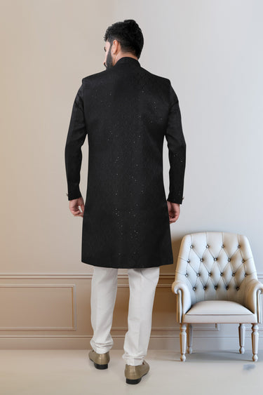 Fancy Fabric Stunning Black Wedding Wear Readymade Men Indo Western