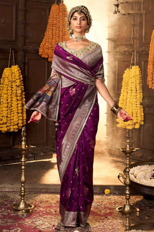 Wine Color Glamorous Lace Border Work & Heavy Pallu Saree