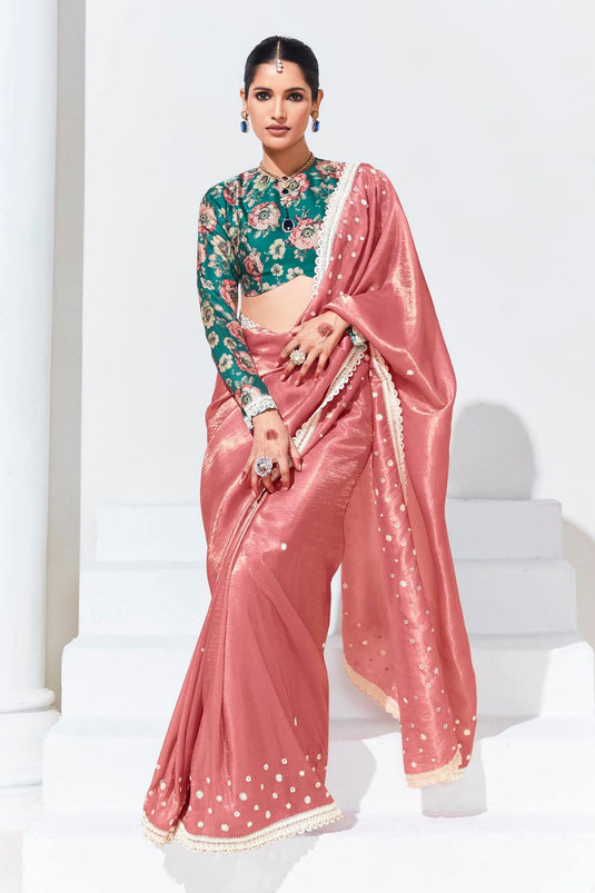 Occasion Wear Pink Lace Border Work Saree