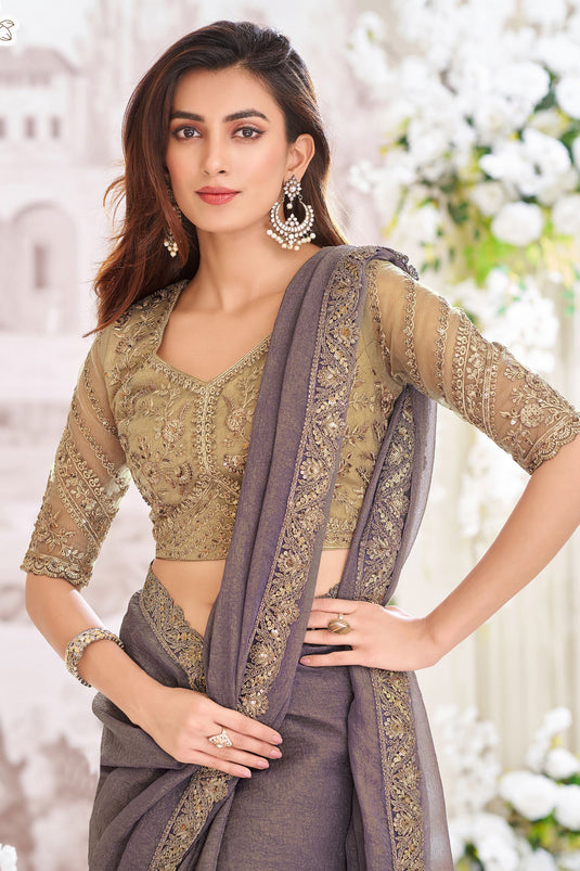 Lavender Color Festive Wear Georgette Fabric Embroidered Saree