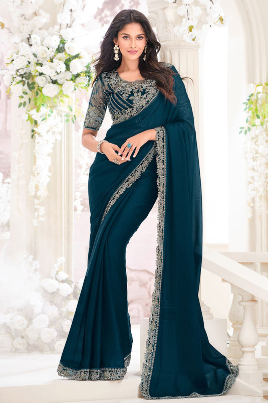 Beautiful Georgette Fabric Teal Color Embroidered Saree