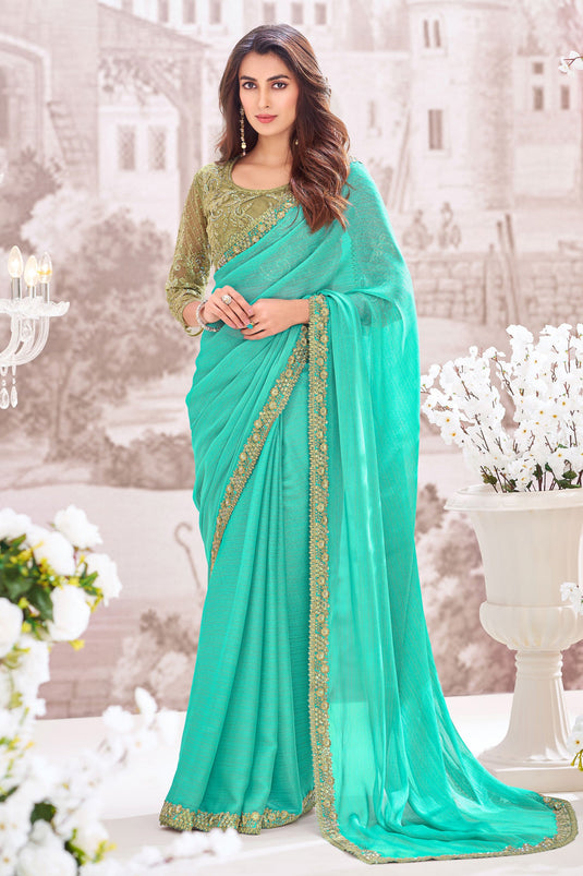 Exclusive Georgette Fabric Cyan Color Embroidered Saree