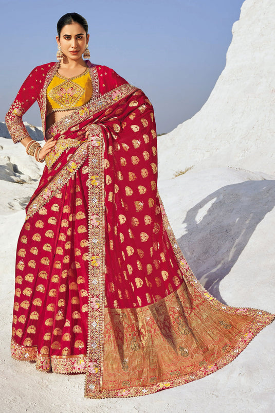 Classic Red Zari Georgette Saree With Jacket