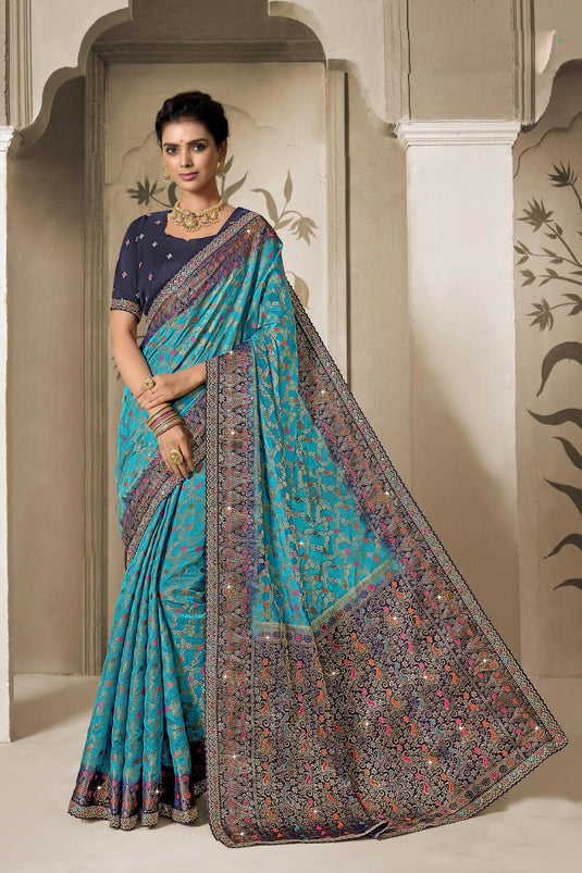 Sky Blue Designer Silk Wedding Saree