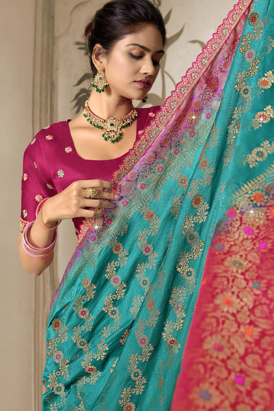 Rich Silk Cyan Designer Saree