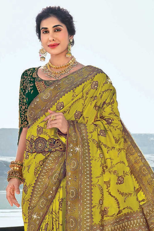 Silk Fabric Mustard Color Delicate Wedding Wear Saree