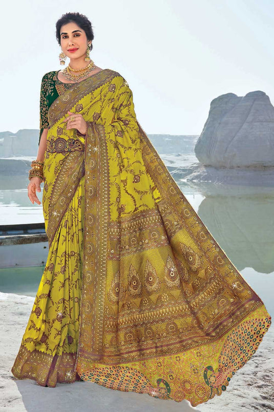 Silk Fabric Mustard Color Delicate Wedding Wear Saree