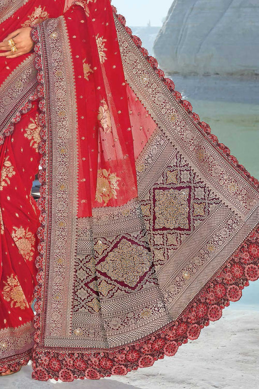 Engaging Red Color Silk Fabric Wedding Wear Saree