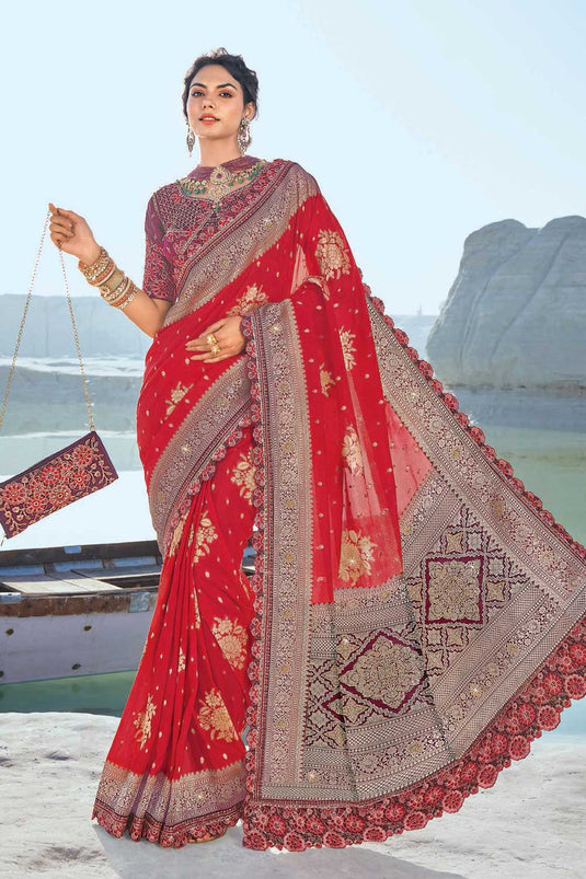 Engaging Red Color Silk Fabric Wedding Wear Saree