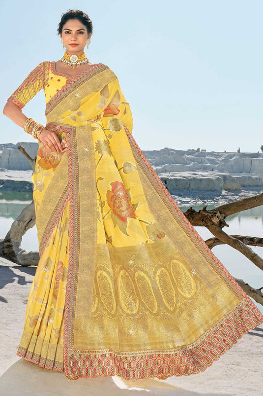 Trendy Silk Fabric Yellow Color Wedding Wear Saree