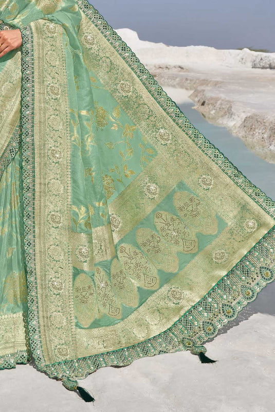 Soothing Sea Green Color Silk Fabric Wedding Wear Saree